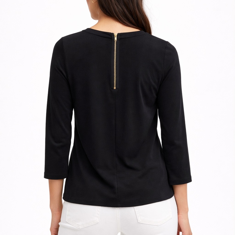 Ann Taylor Black 3/4 Sleeve Blouse w/ Gold Back Zipper | XS - Picture 2 of 7